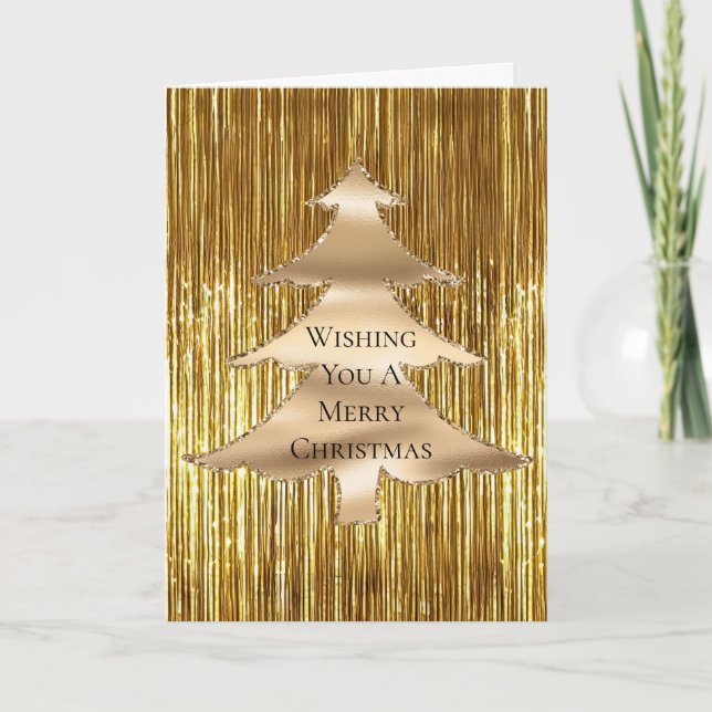 Tarjeta Gold Glam Tinsel Merry Christmas Tree (Anverso)