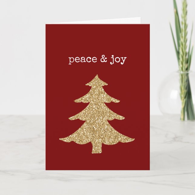 Tarjeta Gold Glitter Christmas Tree Red Peace Joy (Anverso)