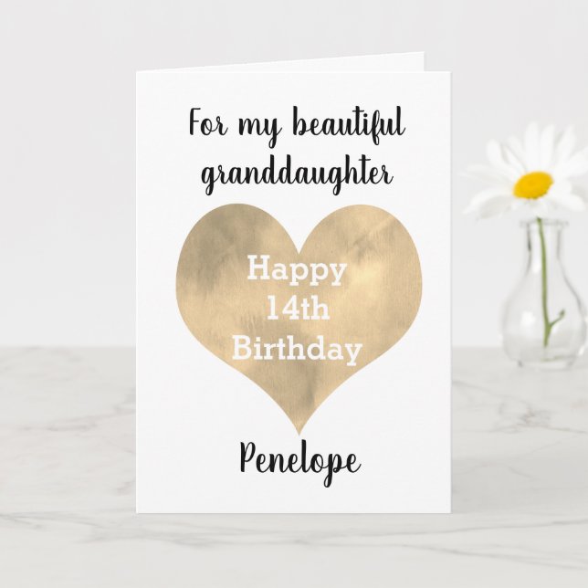 Tarjeta Gold Heart Happy 14th Birthday (Planta pequeña)