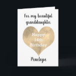 Tarjeta Gold Heart Happy 14th Birthday<br><div class="desc">Una tarjeta de cumpleaños 14 nieta de acuarela dorada de corazón, que puedes personalizar fácilmente con su nombre. Dentro de esta tarjeta de 14 años se lee un mensaje de cumpleaños para ella, pero también se puede personalizar si se quiere. Hay un mensaje de feliz cumpleaños en la parte de...</div>