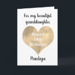 Tarjeta Gold Heart Happy 14th Birthday<br><div class="desc">Una tarjeta de cumpleaños 14 nieta de acuarela dorada de corazón, que puedes personalizar fácilmente con su nombre. Dentro de esta tarjeta de 14 años se lee un mensaje de cumpleaños para ella, pero también se puede personalizar si se quiere. Hay un mensaje de feliz cumpleaños en la parte de...</div>