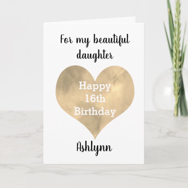 Tarjeta Gold Heart Happy 16th Birthday Daughter (Anverso)