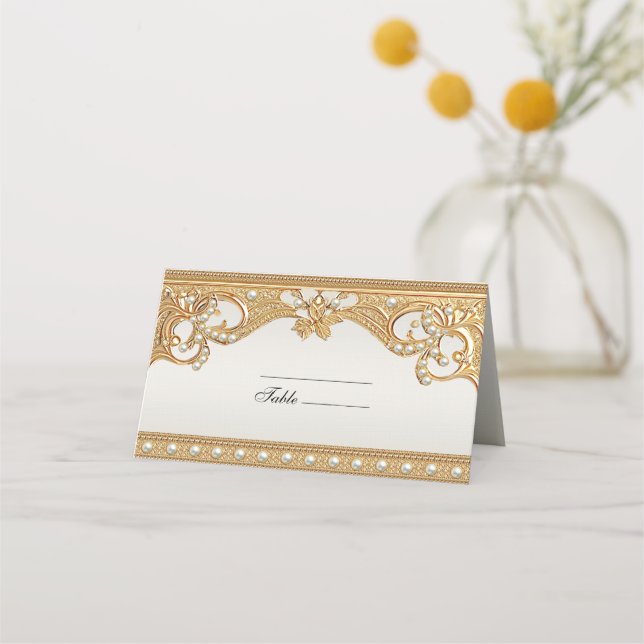 Tarjeta Gold Ornate White Pearls Place (Anverso)