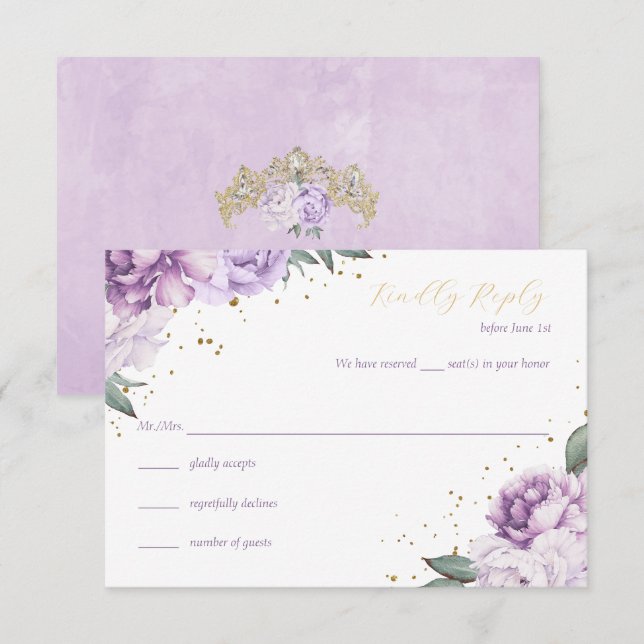 Tarjeta Gold Purple Floral Quinceañera Cumpleaños  (Anverso / Reverso)