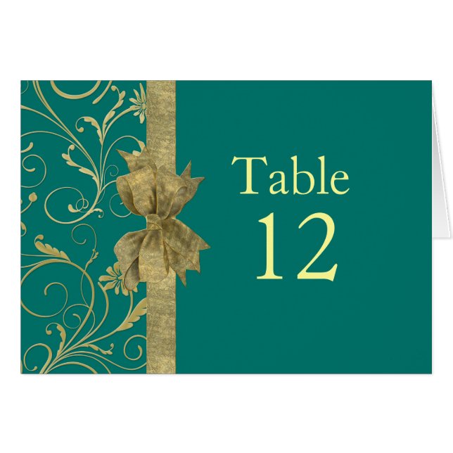 Tarjeta Gold Ribbon Damask Green Table de lujo (Anverso (Horizontal))