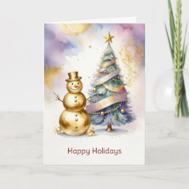 Tarjeta Gold Snowman Christmas Tree Holiday Card