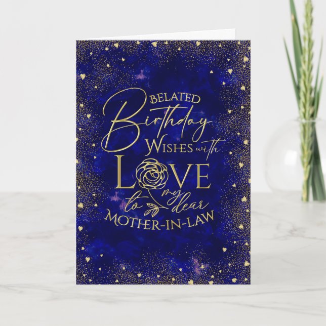 Tarjeta Gold Text Night Sky Belated Birthday Mother-In-Law (Anverso)