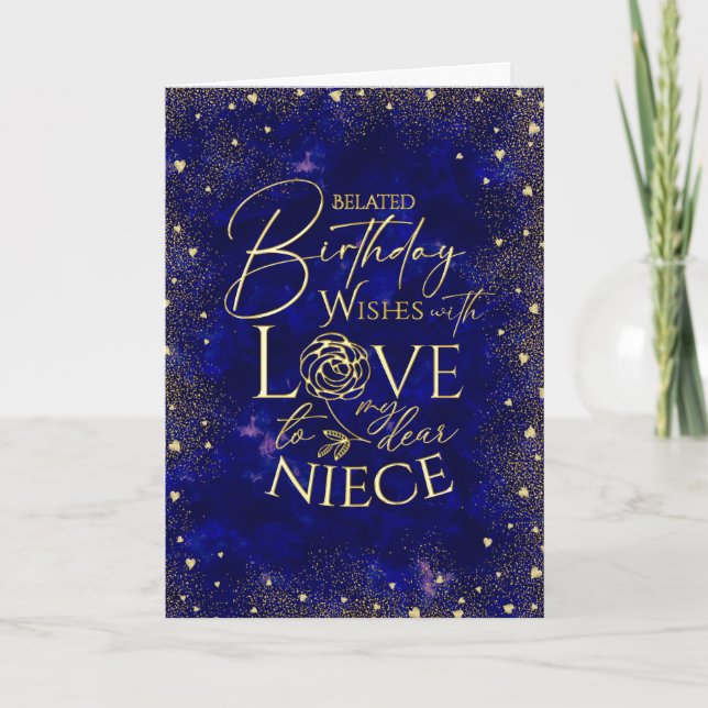 Tarjeta Gold Text Night Sky Belated Birthday Niece (Anverso)