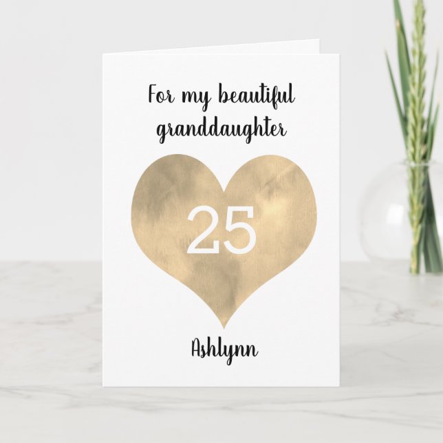 Tarjeta Gold Watercolor Heart 25th Birthday (Anverso)