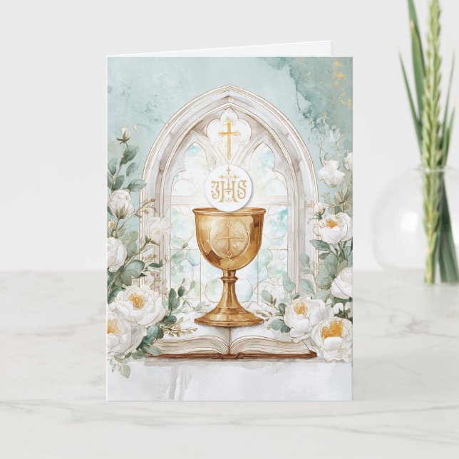 Tarjeta Golden Chalice & White Roses Priest Birthday  (Anverso)