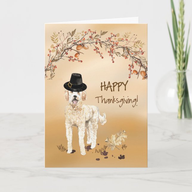 Tarjeta Golden Doodle Funny Pilgrim Gorra Acción de Gracia (Anverso)