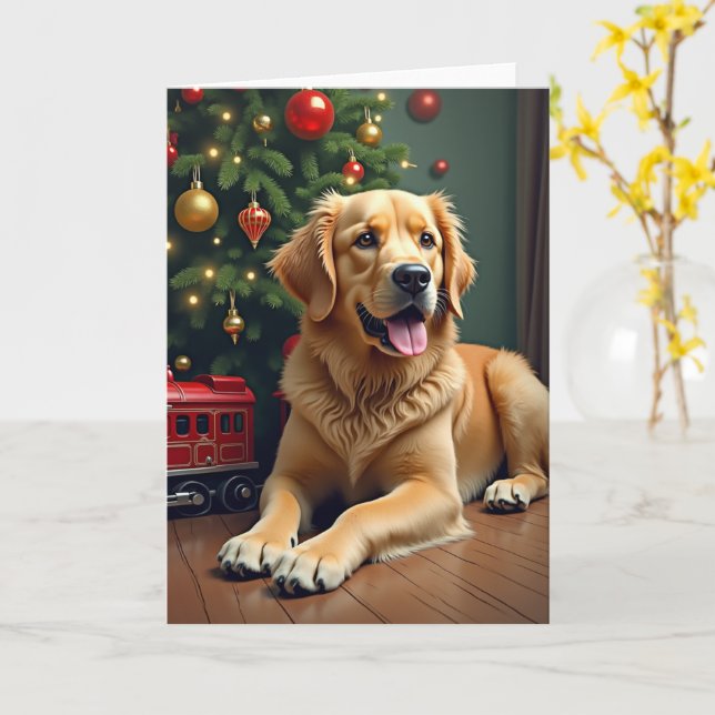Tarjeta Golden Retriever by the Toy Train Christmas (flor amarilla)