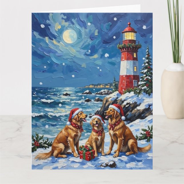 Tarjeta Golden Retriever Christmas Lighthouse Holiday (Anverso)