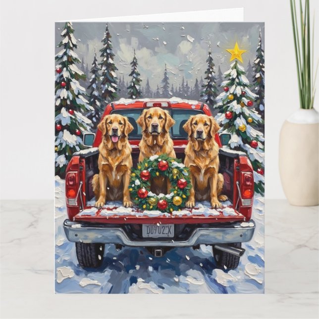 Tarjeta Golden Retriever Christmas Red Truck Holiday (Anverso)