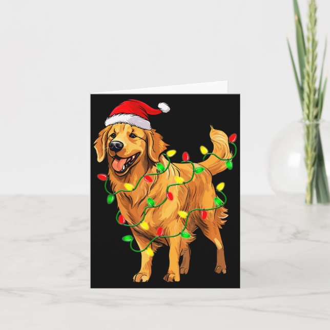 Tarjeta Golden Retriever Christmas Santa Hat Tree Lights P (Anverso)