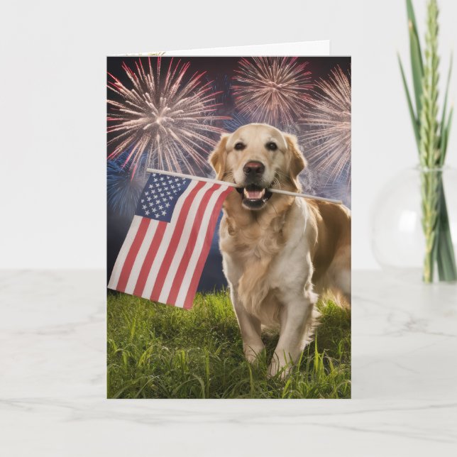Tarjeta Golden Retriever con bandera estadounidense (Anverso)