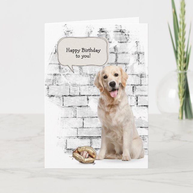 Tarjeta Golden Retriever con béisbol y guante (Anverso)