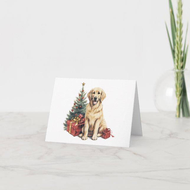 Tarjeta Golden Retriever con Christmas Tree y Gift BLANK (Anverso)