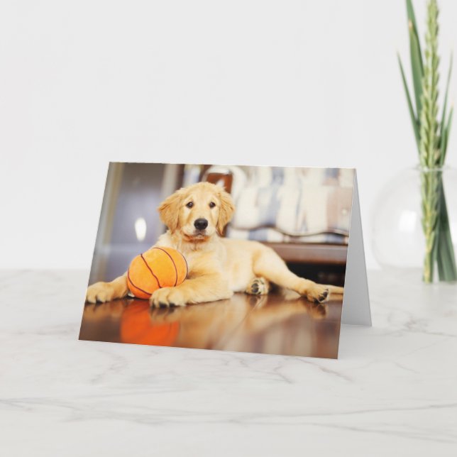 Tarjeta Golden Retriever Con Juguete De Baloncesto (Anverso)