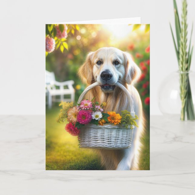 Tarjeta Golden Retriever con una cesta de flores de cumple (Anverso)