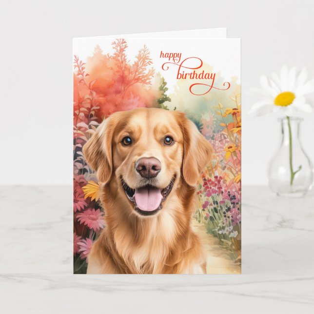 Tarjeta Golden Retriever Dog Birthday Wishes Flower Garden (Planta pequeña)