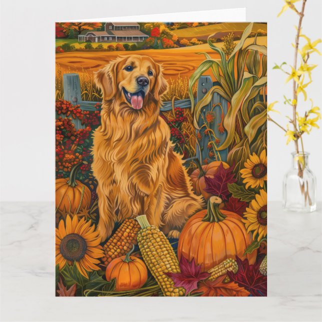 Tarjeta Golden Retriever Dog Otumn Harvest Acción de Graci (flor amarilla)
