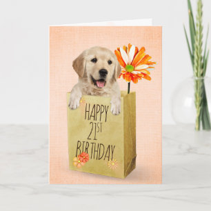 Tarjeta Golden Retriever en bolsa de cumpleaños 21 