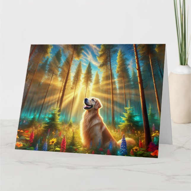 Tarjeta Golden Retriever en Bosque Encantado (Anverso)
