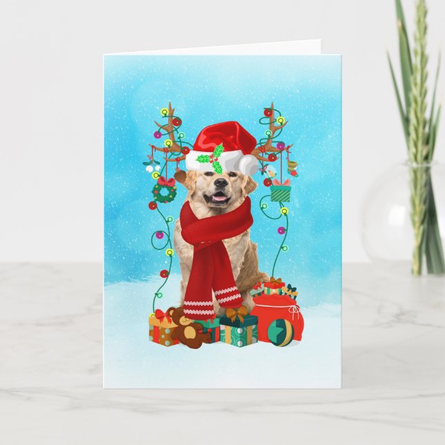 Tarjeta Golden Retriever en la nieve con regalos de Navida (Anverso)
