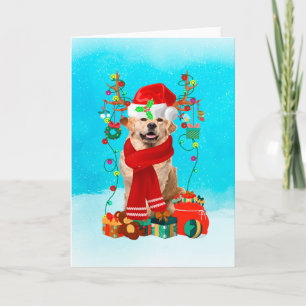 Tarjeta Golden Retriever en la nieve con regalos de Navida