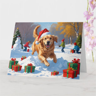 Tarjeta Golden Retriever en la nieve con sombrero de Navid