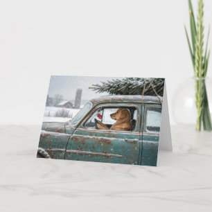 Tarjeta Golden Retriever en un Coche Retro con Pino