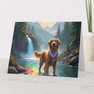 Tarjeta Golden Retriever en un río de arcoíris de fantasía