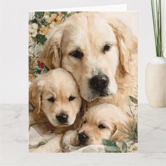 Tarjeta Golden Retriever Family Puppies Vintage Christmas