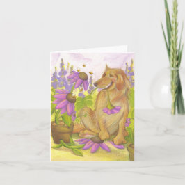 Tarjeta Golden retriever, flores y abejas/Notecard