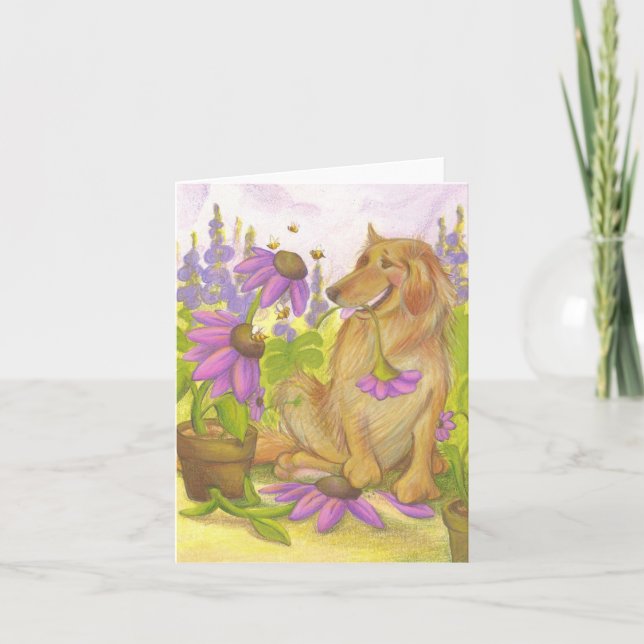 Tarjeta Golden retriever, flores y abejas/Notecard (Anverso)