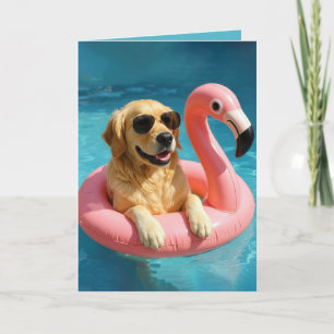 Tarjeta Golden Retriever flotando con un cumpleaños flamen
