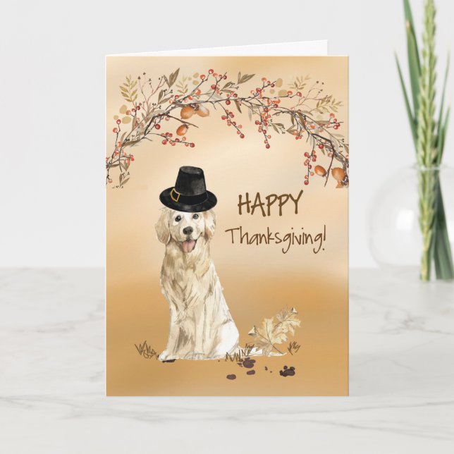 Tarjeta Golden Retriever Funny Pilgrim Gorra Acción de Gra (Anverso)