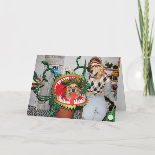 Tarjeta Golden Retriever Halloween Man Eating Plant (Anverso)