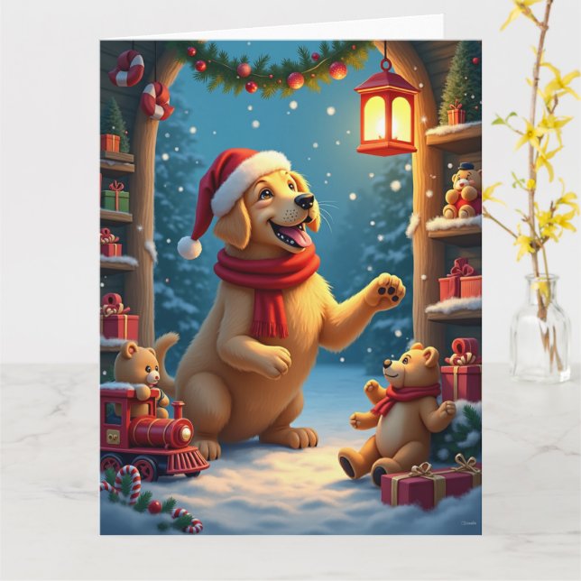 Tarjeta Golden Retriever in Santa’s Workshop Christmas (flor amarilla)