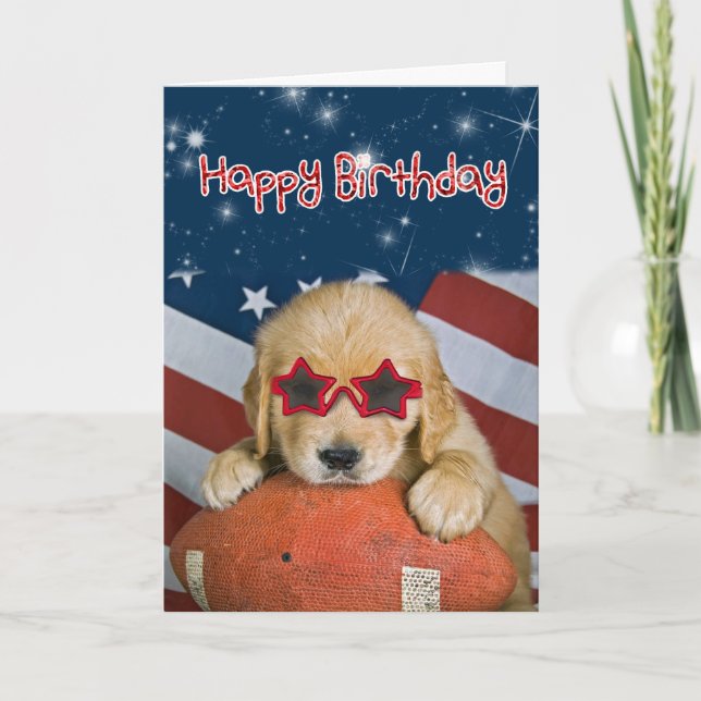 Tarjeta Golden Retriever Pup sobre el cumpleaños del fútbo (Anverso)