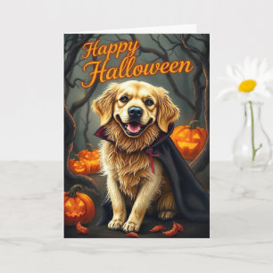 Tarjeta Golden Retriever Puppy con calabazas Halloween