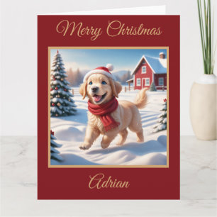 Tarjeta Golden Retriever Puppy en una granja con Navidades