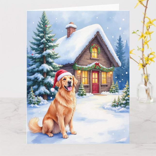 Tarjeta Golden Retriever Rustic Cabin Santa Hat Christmas (flor amarilla)