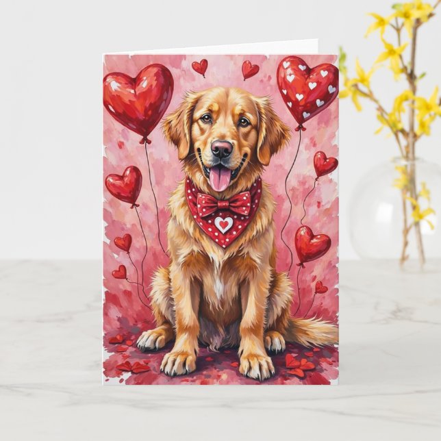 Tarjeta Golden Retriever Valentine’s Day Dog with Hearts (flor amarilla)