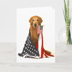 Tarjeta Golden retriever y bandera americana