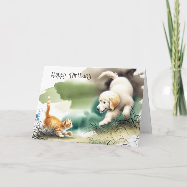 Tarjeta Golden Retriever y Kitten Birday (Anverso)