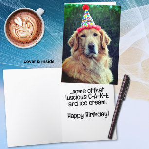 Tarjeta Golden Retriever y sombrero de fiesta con Feliz Cu