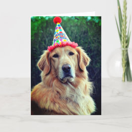 Tarjeta Golden Retriever y sombrero de fiesta con Feliz Cu