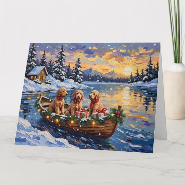 Tarjeta Goldendoodle Christmas Boat Holiday (Anverso)